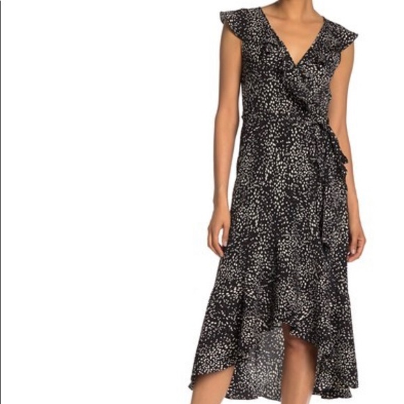 max studio patterned ruffle wrap midi dress